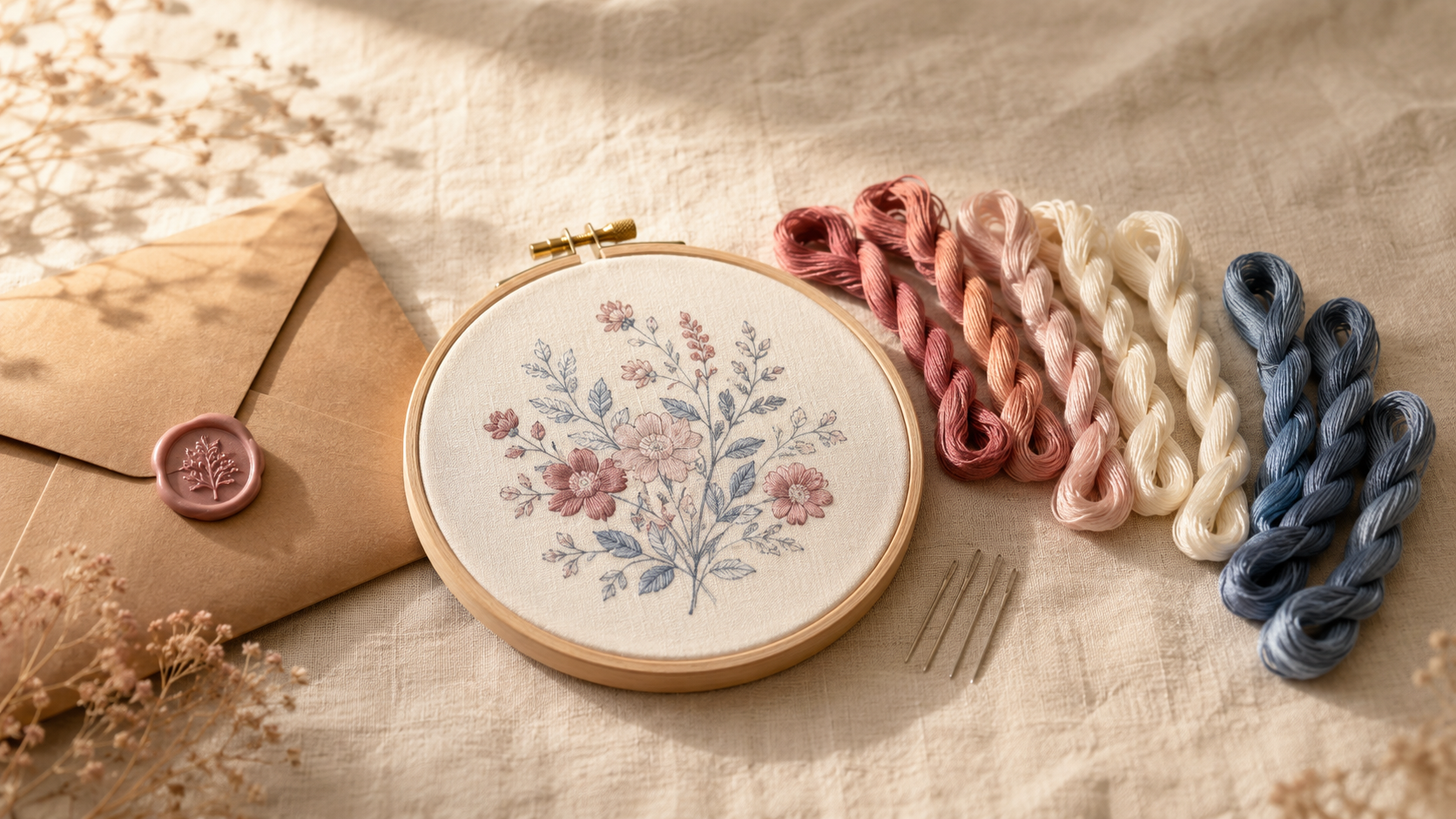 A finished floral embroidery hoop beside colorful floss skeins, needles, and wax-sealed envelopes on warm linen