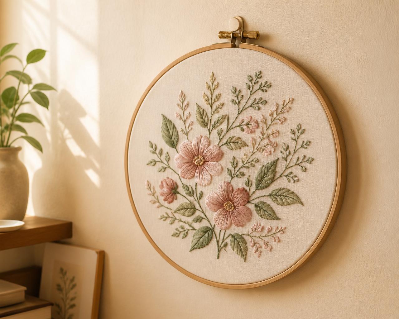 A finished floral embroidery in sage and dusty rose, framed in a wooden hoop on a warm cream wall