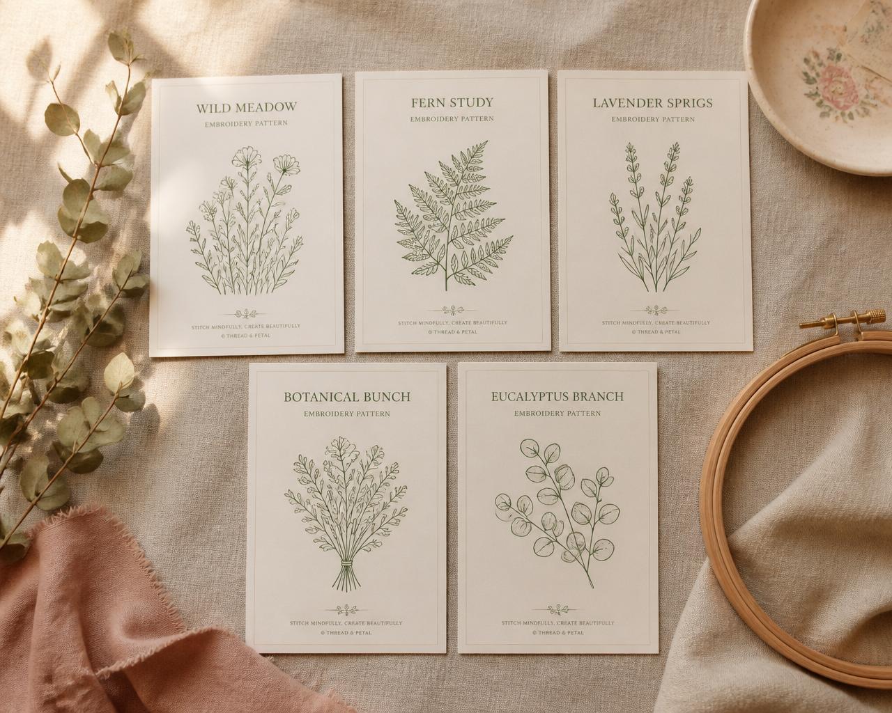 Five printed embroidery pattern cards arranged on a linen surface as a welcome gift
